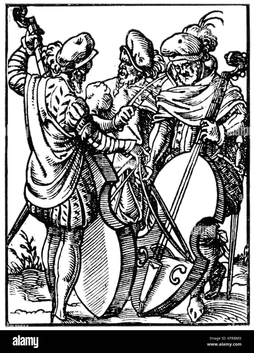 Three string players - bass viols and small fiddle. from the Book of Trades / Das Standebuch (Panoplia omnium illiberalium mechanicarum...), Collection of woodcuts by Jost Amman (13 June 1539 -17 March 1591), 1568 with accompanying rhyme by Hans Sachs (5 November 1494 - 19 January 1576) Stock Photo