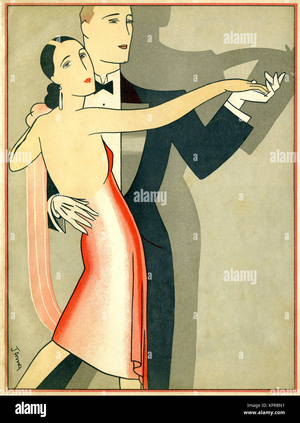 Couple dancing in evening dress, late 1920s / early 1930s. Czech illustration. Artist unknown. Stock Photo