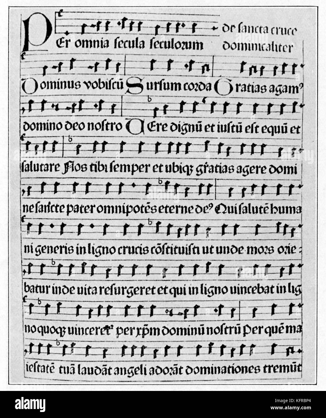 'Missale Herbipolense' (Würzburg Missal). Würzburg, 1481, Jörg Ryser. One of the first missals with printed music (Typen-Doppeldruck). Liturgical book of Christian masses. Stock Photo