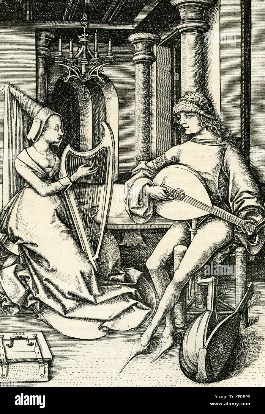 'The Lovers' (harp, lute and lute-case). Engraving by Israel van Meckenem. (also Israhel) German printer and goldsmith, c. 1445 – 1503. Stock Photo