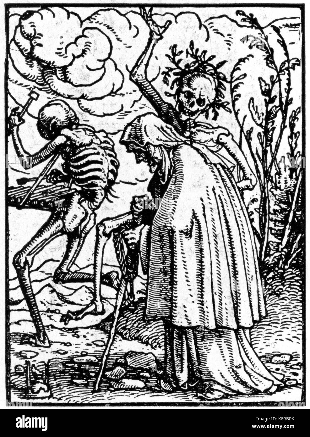 Woodcut from the Dance of Death by Hans Holbein the Younger entitled 'Old Woman' (c. 1525). Death with the Holz- or Stroh-fiedel (xylophone), the so-called 'wooden laughter'. Stock Photo
