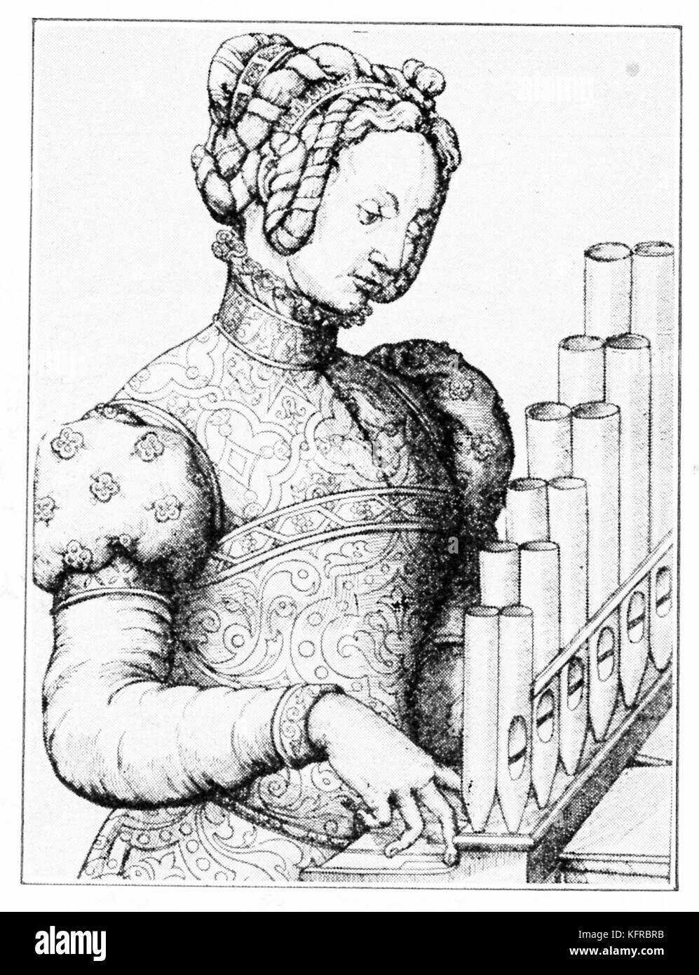 'The Consert' - unsigned series of French woodcuts, c. 1570. Woman playing the positive organ/ portable organ Stock Photo