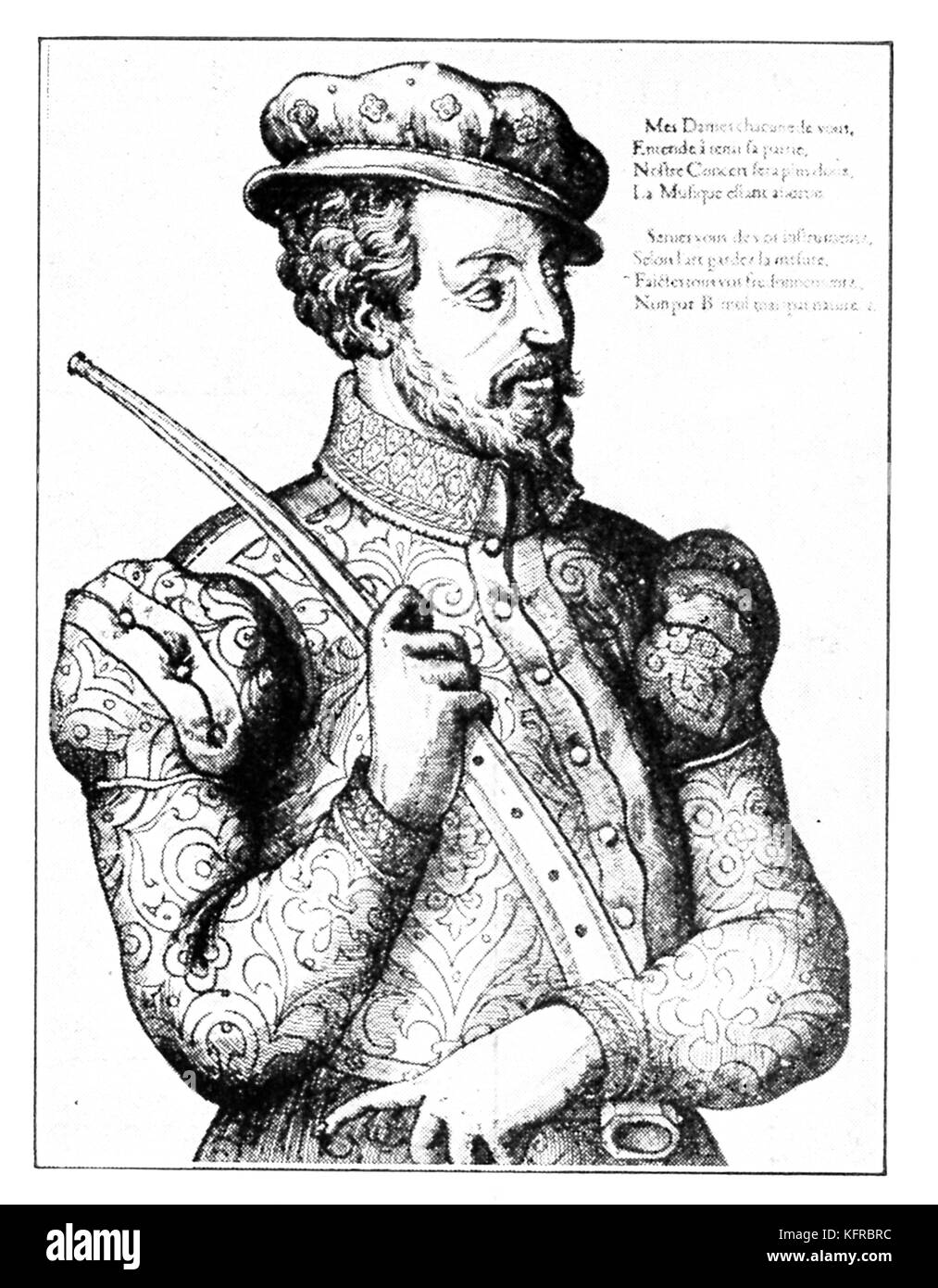 'The Consert' - unsigned series of French woodcuts, c. 1570.  Gentleman holding a curved Zinke (Cornet à bouquin). Stock Photo