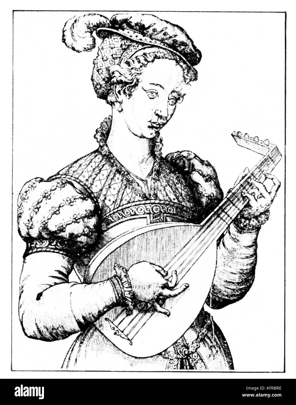 'The Consert' - unsigned series of French woodcuts, c. 1570. Renaissance female Lute-player. Stock Photo