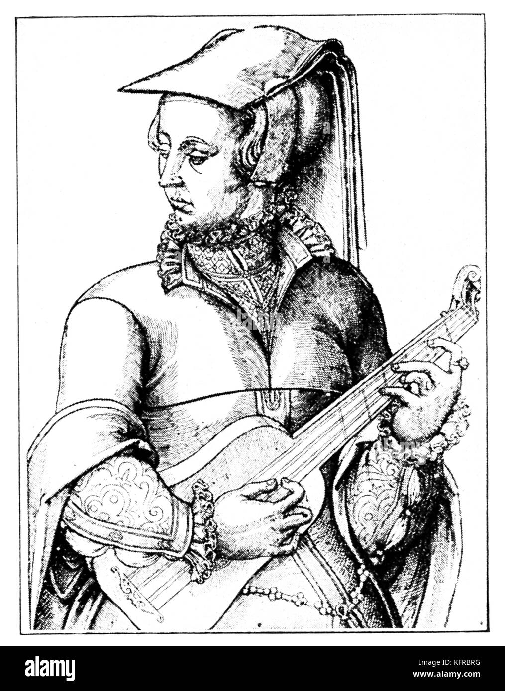 'The Consert' - Guitarist. Renaissance woman playing guitar. Unsigned French series of woodcuts, c. 1570. Stock Photo