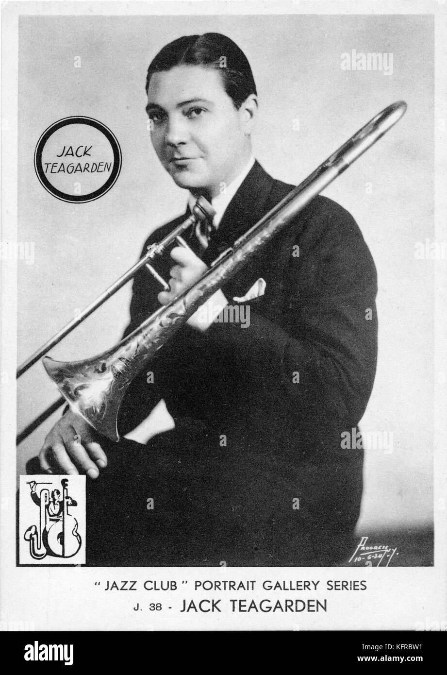 Jack Teagarden - portrait. Weldon Leo 'Jack' Teagarden , American jazz trombonist, vocalist and composer: 20 August 1905 – 15 January 1964. No. 38 in the 'Jazz Club' Portrait Gallery series. Stock Photo