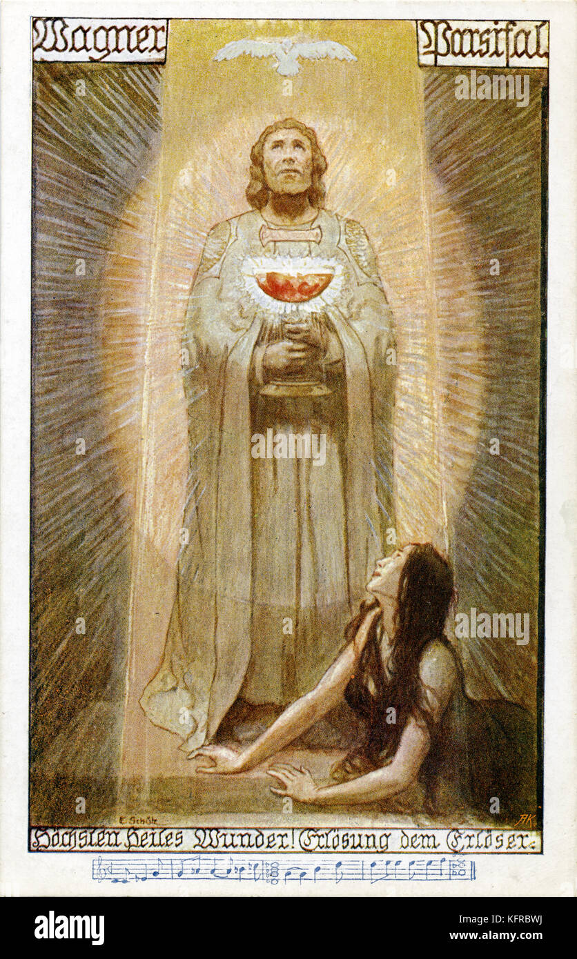 Parsifal by Wagner - illustration. Richard Wagner, German composer & author: 22 May 1813 - 13 February 1883. Illustration of Parsifal holding the Holy Grail and extract from the score. Caption from Act III, final scene, reads: 'Supreme miracle of salvation! Redemption to the Redeemer!' ('Höchsten heiles Wunder:/ Erlösung dem Erlöser!'). Stock Photo