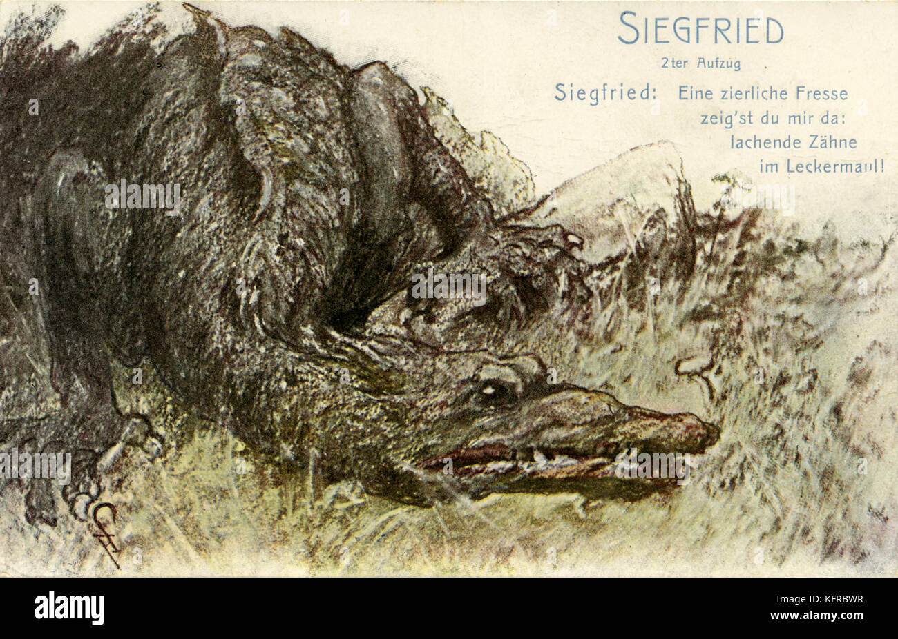 Siegfried by Wagner - illustration. Richard Wagner, German composer & author: 22 May 1813 - 13 February 1883. Illustration of Fafner, the dragon. From Act II of the opera 'Siegfried', the third of the tetralogy 'Der Ring des Nibelungen' (The Ring of the Nibelung, The Nibelungenlied, The Ring Cycle). Caption reads: 'A dainty kisser/ you show me there/ laughing teeth/in a delicious maw!'  ('eine zierliche Fresse/ zeig'st du mir da:/ lachende Zähne/ im Leckermaul!') Stock Photo