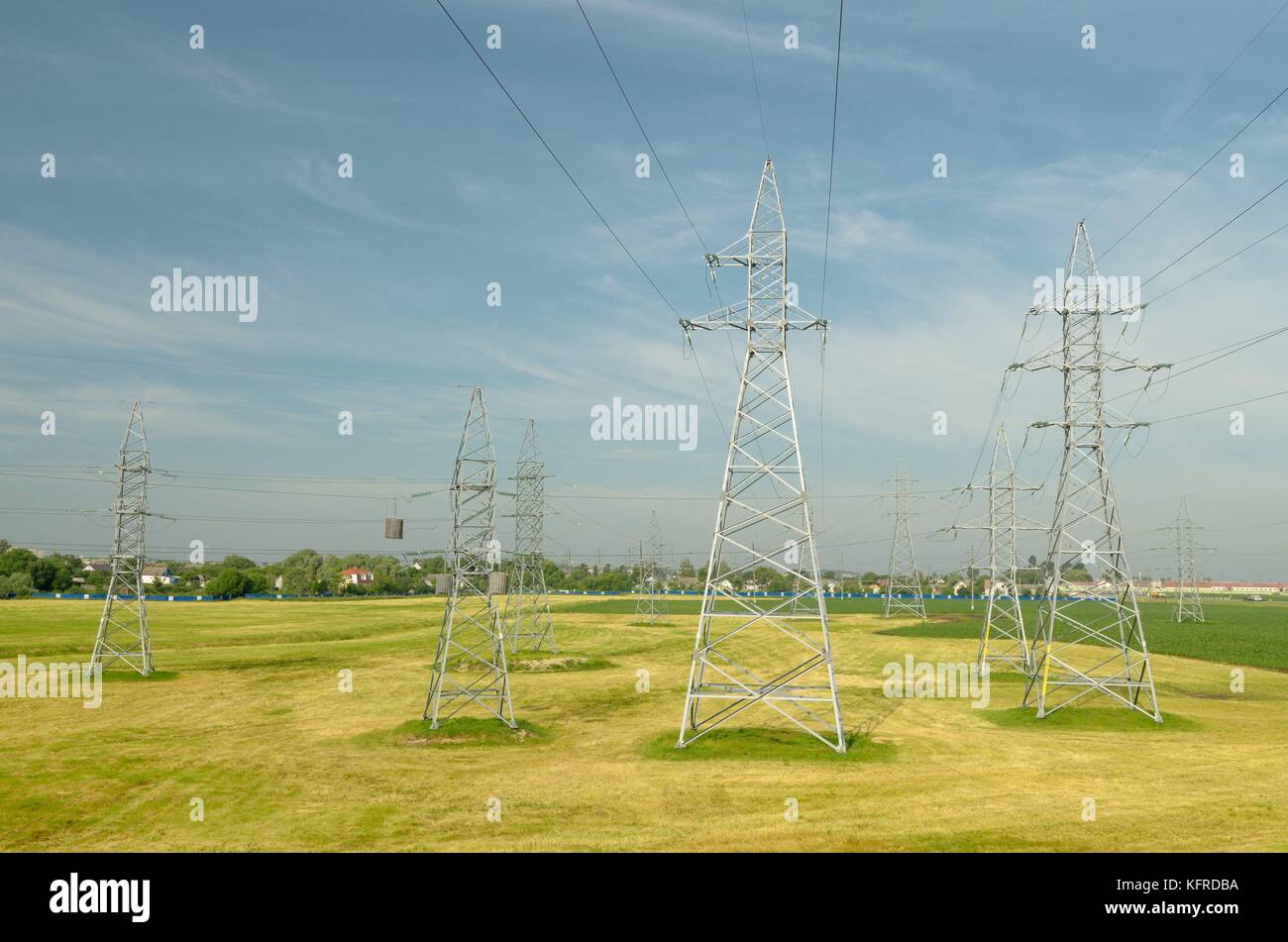 Electric poles with high voltage.Bywire is an electric current of high