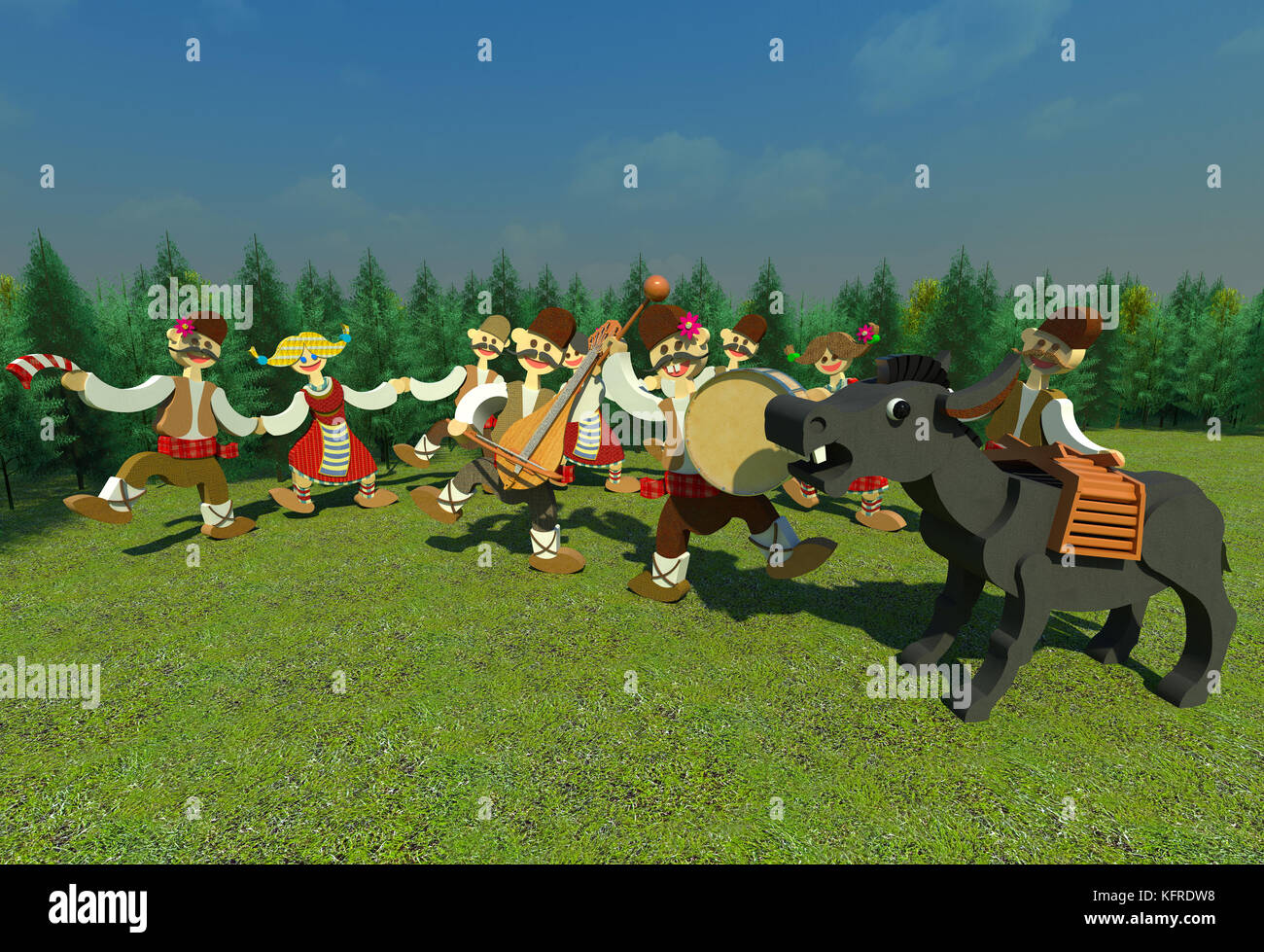 Bulgarian traditional folk dance and music 3D illustration on blue sky background. Dancing group, rebec-player, drummer and accidental donkey singer Stock Photo - Alamy Bulgarian traditional folk dance and music 3D illustration on blue sky background. Dancing group, rebec-player, drummer and accidental donkey singer Stock Photo - Alamy