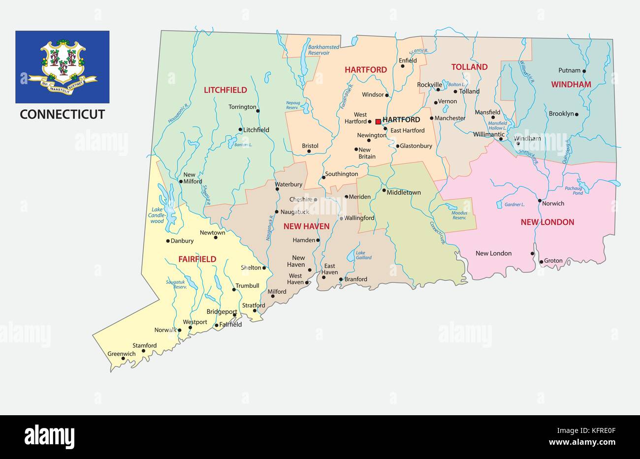 connecticut administrative and political map with flag Stock Vector