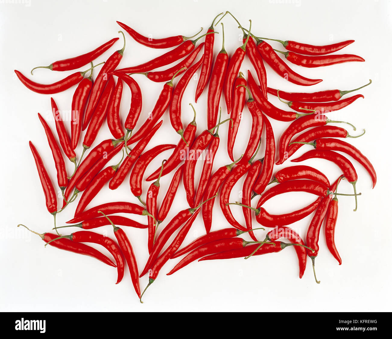 Still life. Food. Close up of scattered red chilli peppers. Stock Photo