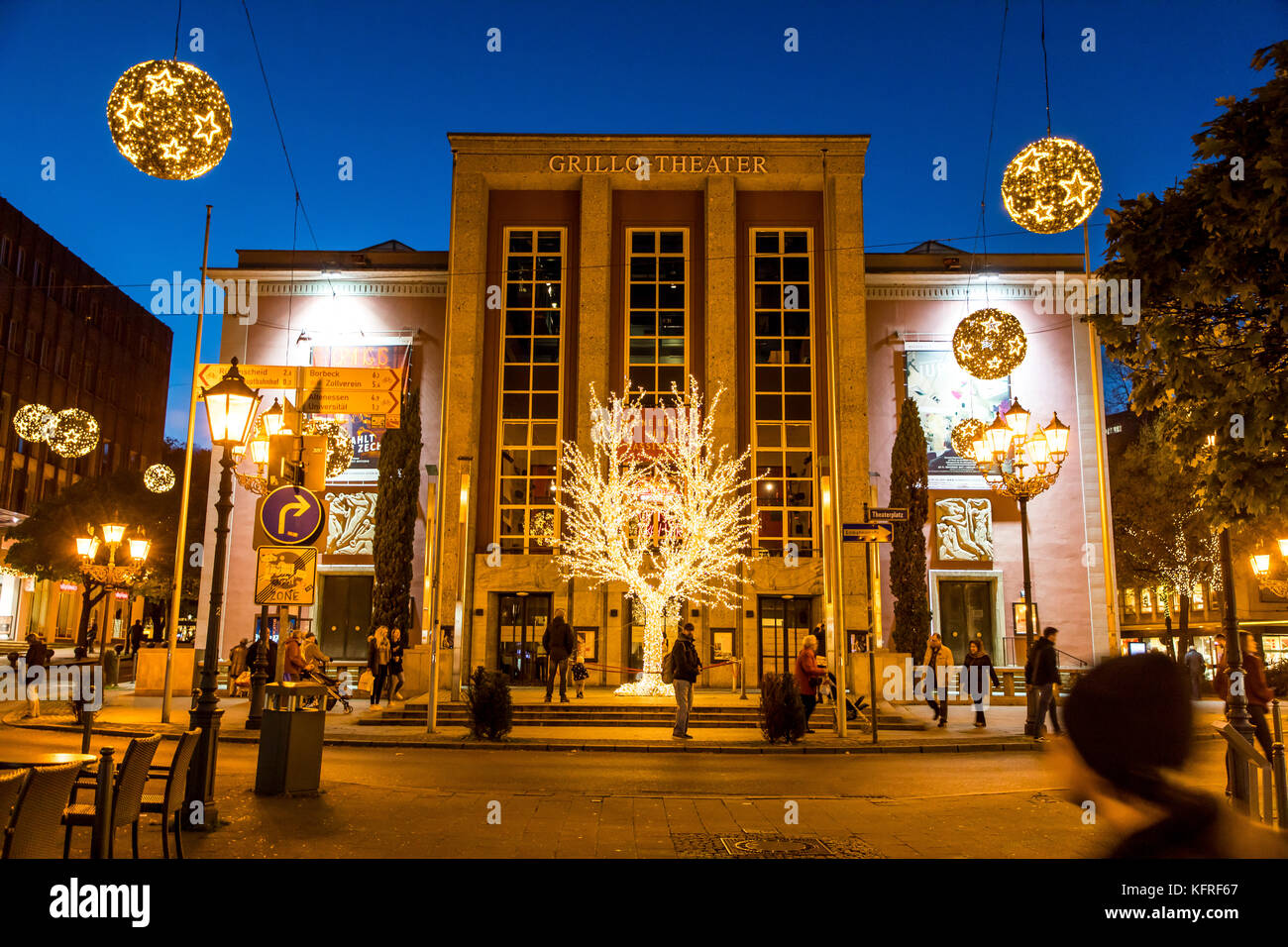 Illuminated facade of the Grillo Theatre building, Essen, Germany, during Essen Light Festival, Stock Photo
