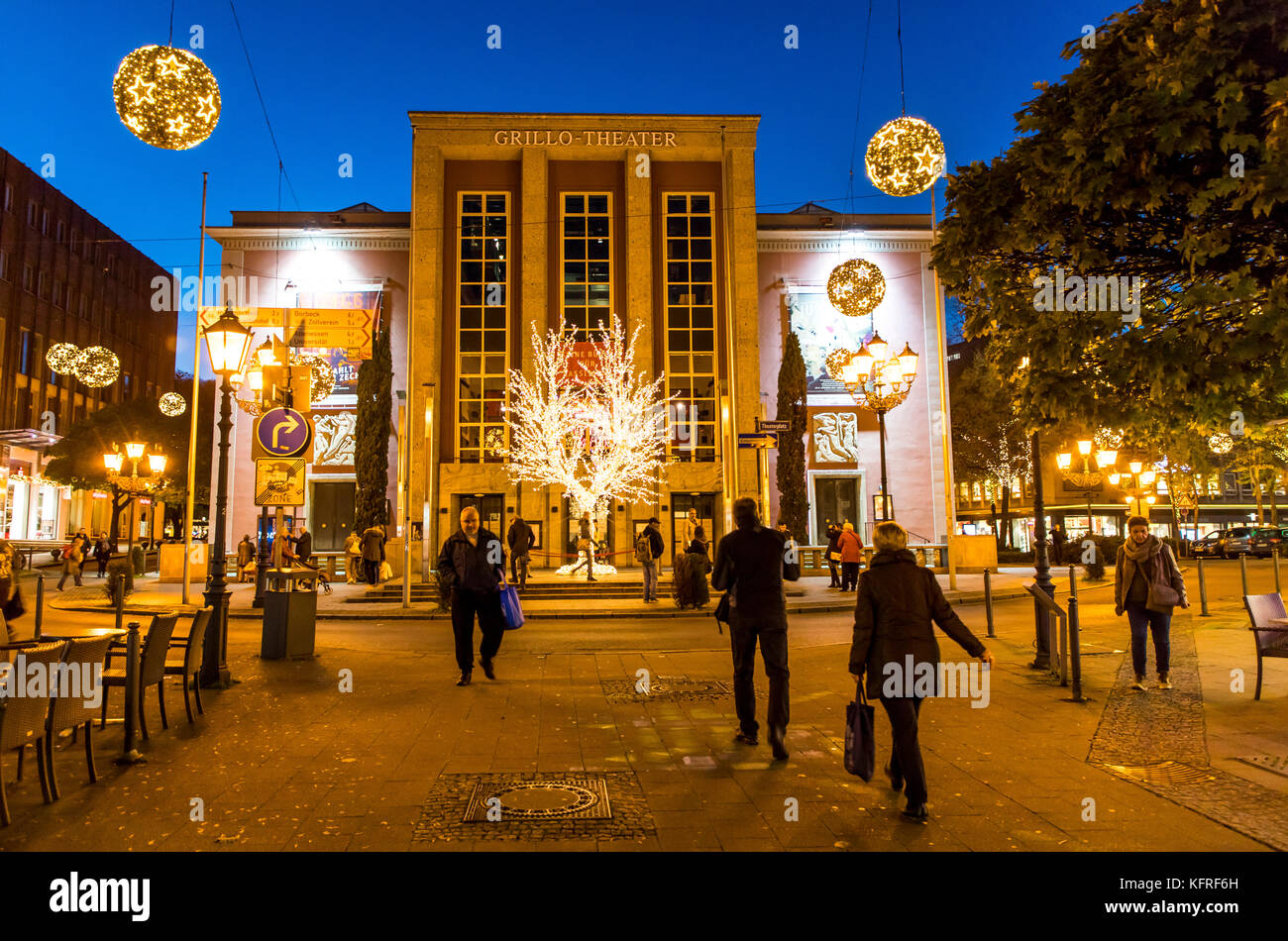 Illuminated facade of the Grillo Theatre building, Essen, Germany, during Essen Light Festival, Stock Photo