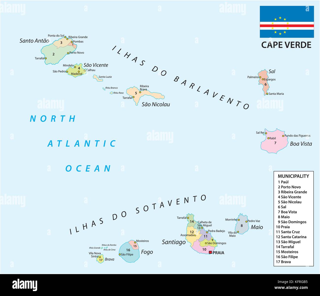 cape verde administrative and political map with flag Stock Vector