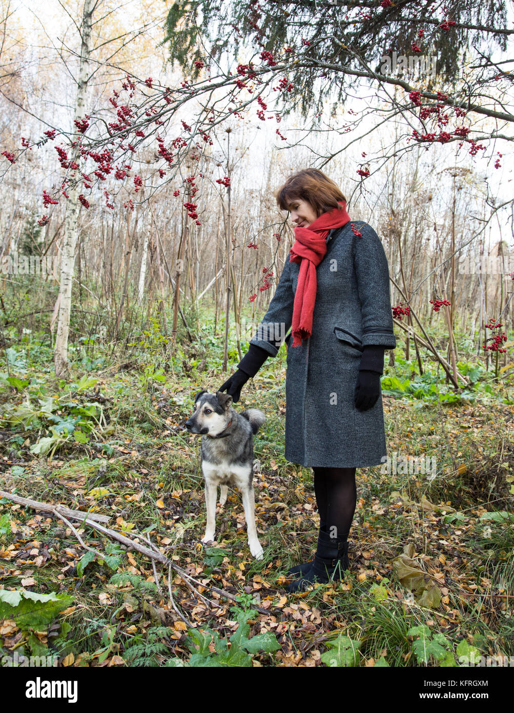 woman standing among the trees and petting the dog Stock Photo
