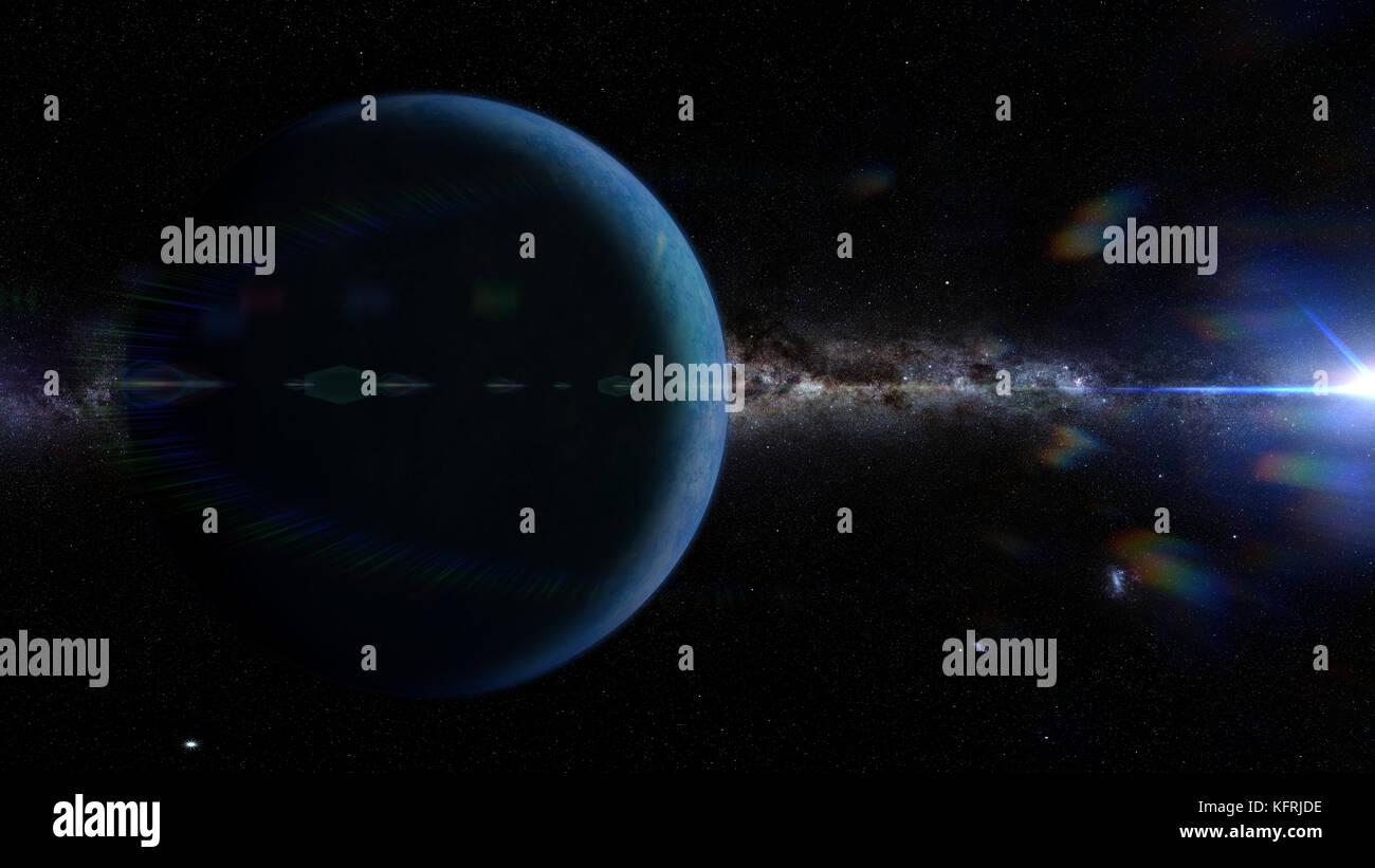 the hypothetical planet nine in front the Milky Way galaxy and lit by the Sun (3d illustration background) Stock Photo