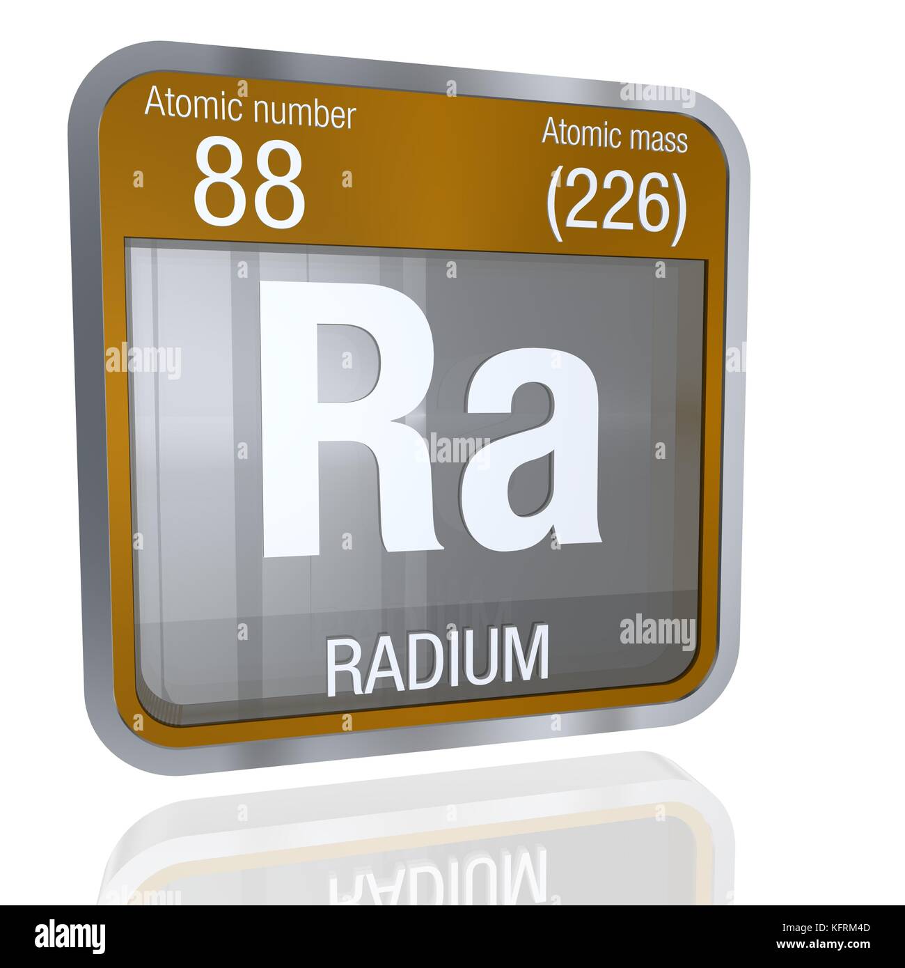 Radium symbol  in square shape with metallic border and transparent background with reflection on the floor. 3D render. Element number 88 of the Perio Stock Photo