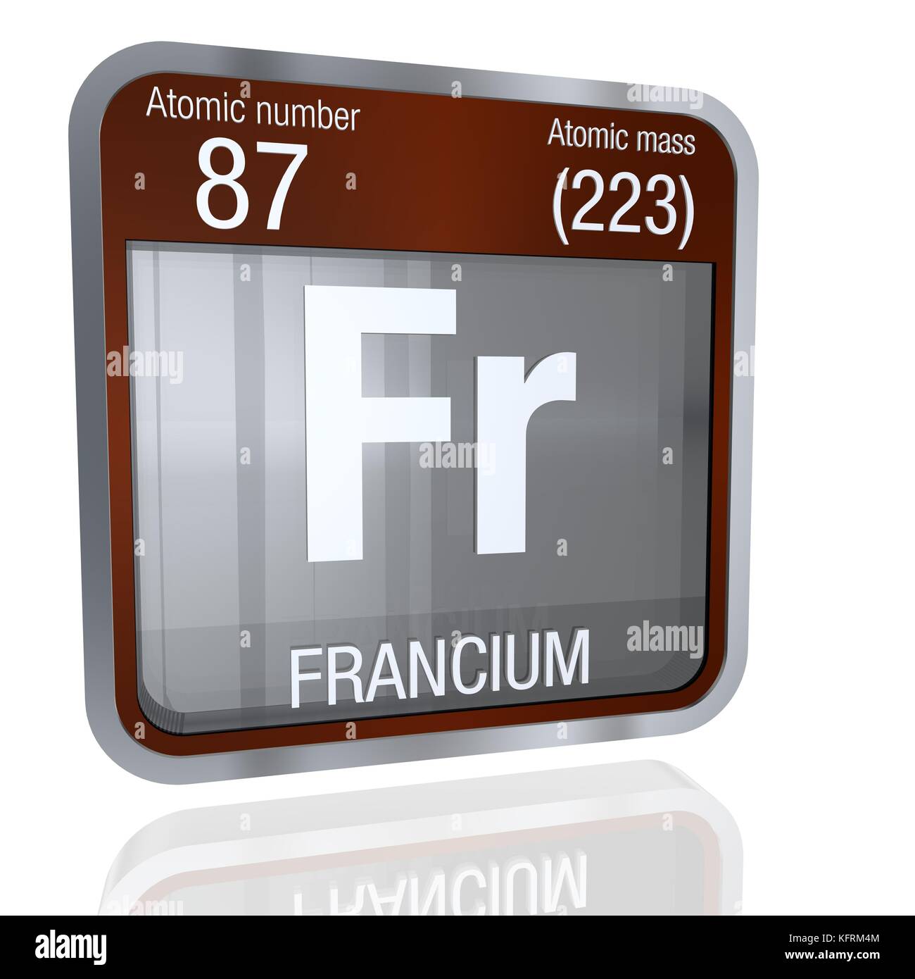 Francium symbol in square shape with metallic border and transparent background with reflection on the floor. 3D render. Element number 87 of the Peri Stock Photo