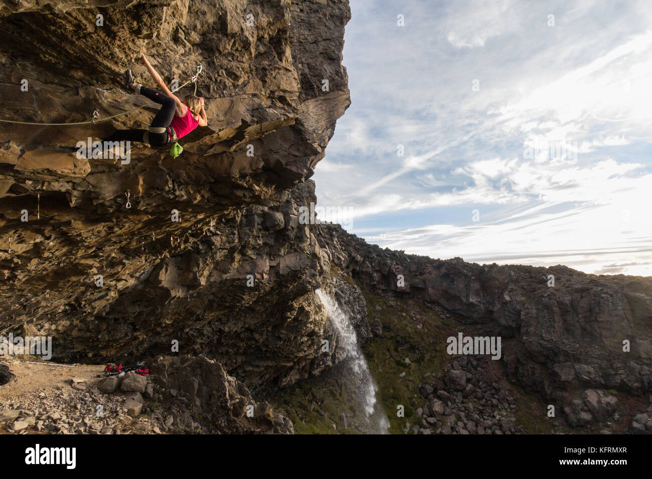 Rock climbing at White Falls in Tongariro National Park, New Zealand