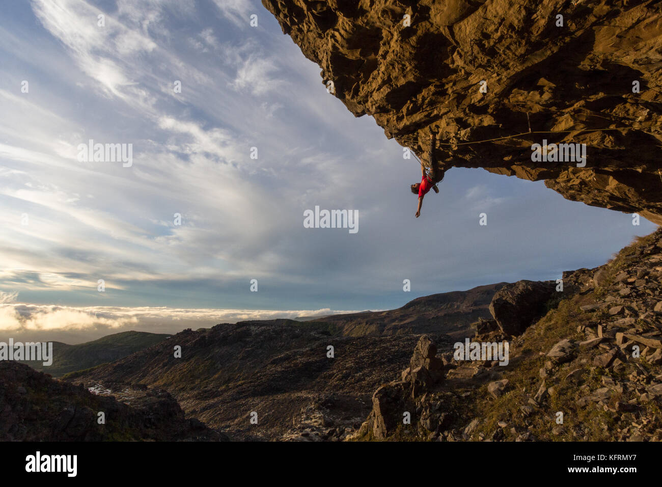 James Field-Mitchell climbing at White Falls in Tongariro National Park, North Island, New Zealand Stock Photo