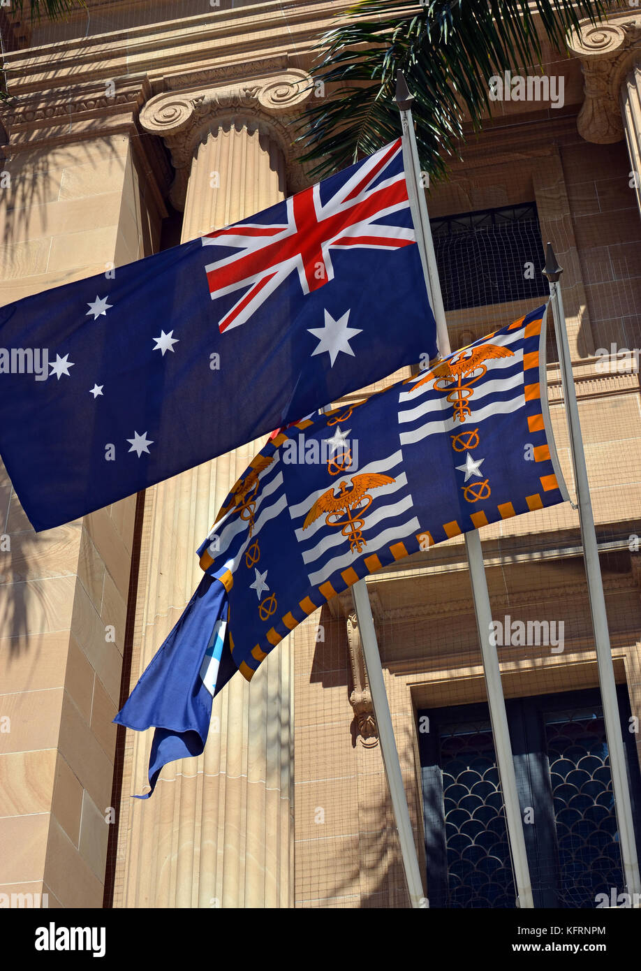 Flags Outside Brisbane's City Hall on a Spring morning, Queensland, Australia Stock Photo