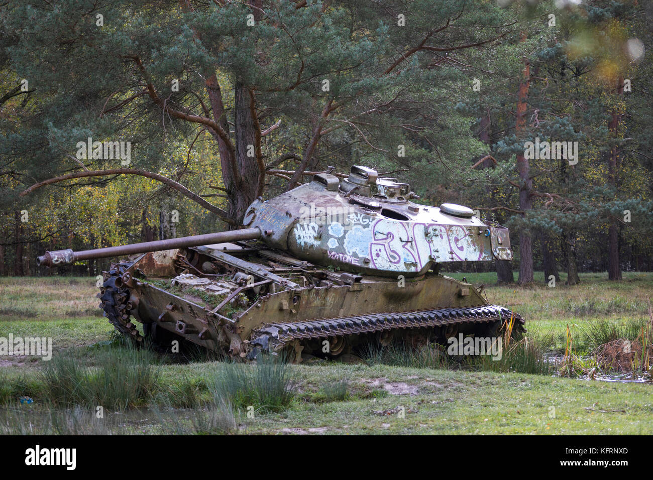 Dumped historical M47 Patton tank left behind in forest Stock Photo