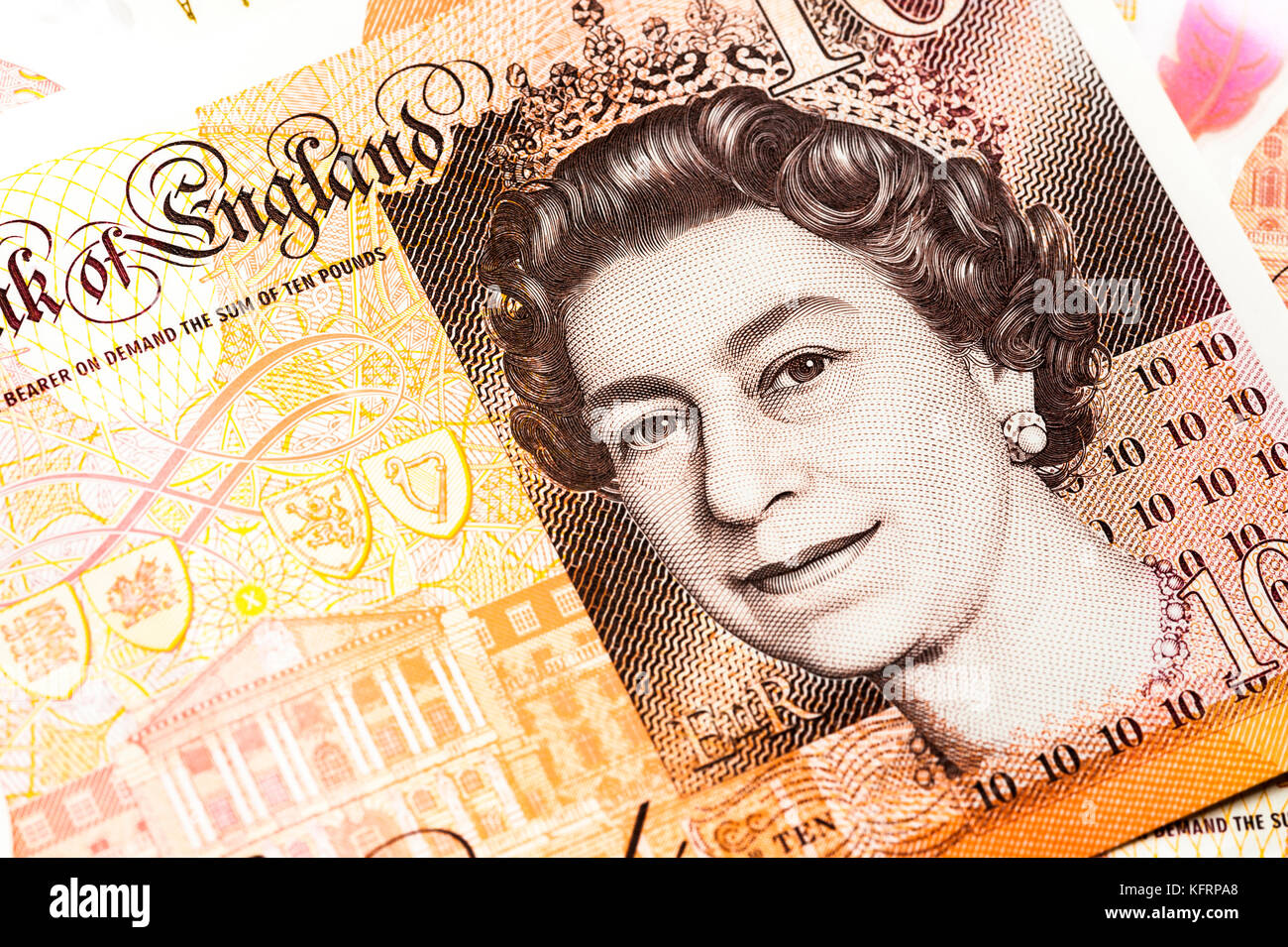 LONDON, ENGLAND – OCTOBER, 24: Closeup of the new British ten-pound note, featuring a portrait of Jane Austen. Stock Photo