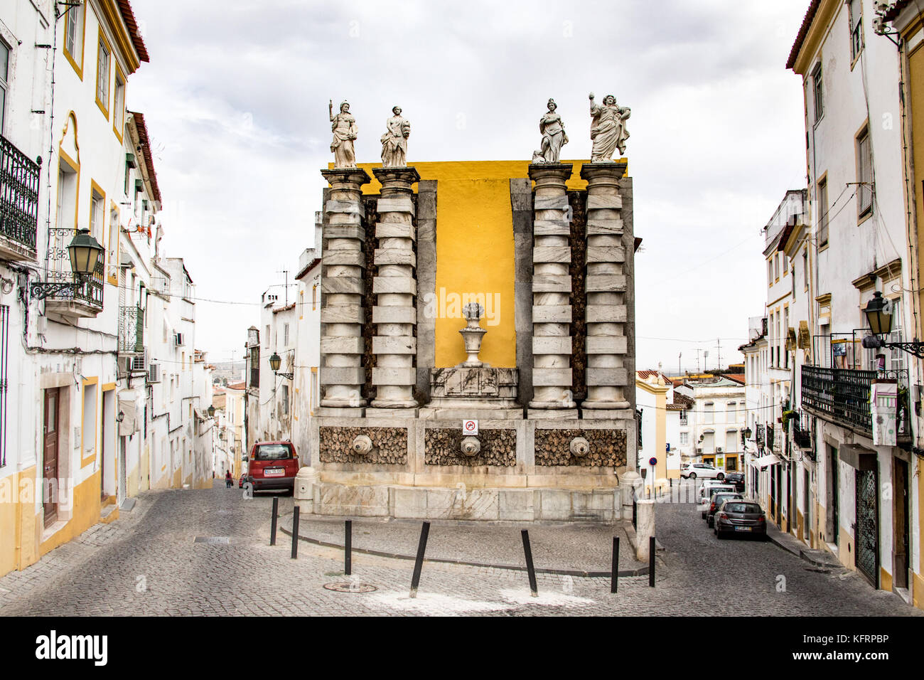 Statue topped fountain in Elvas, Alentejo, Portugal Stock Photo