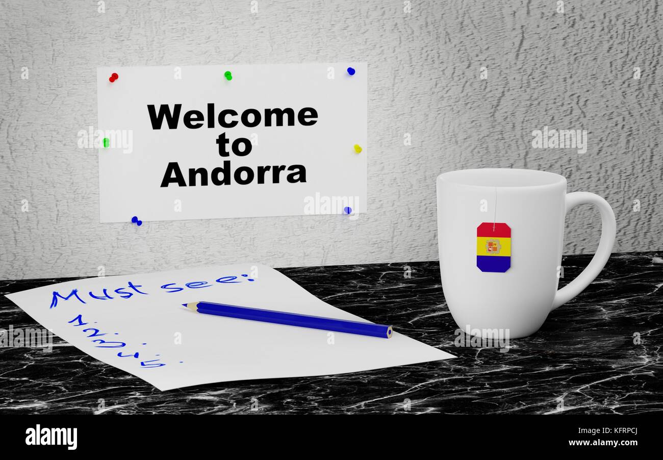 Big mug and label on the wall with text Welcome to Andorra. 3D rendering. Stock Photo