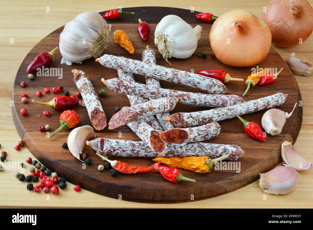 Homemade salametti, thin, small sausages with noble mold outside, hot