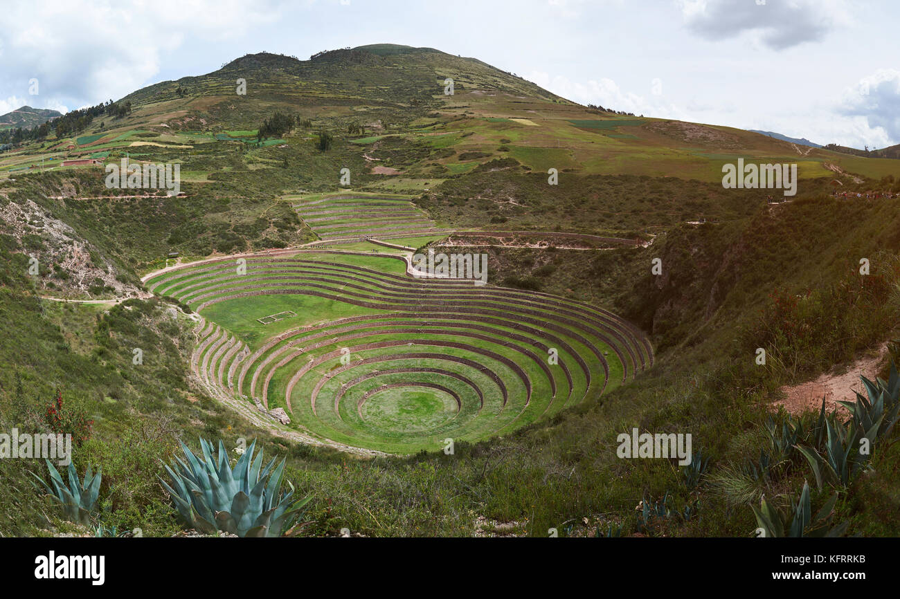 Panorama of moray sacred valley landscape in Peru Stock Photo
