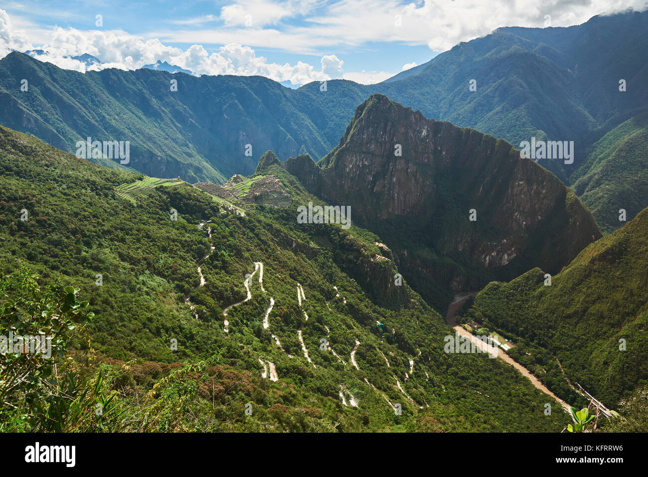 Panorama of mountain with Machu Picchu lost stone city. Wide view on Machu Picchu town Stock Photo