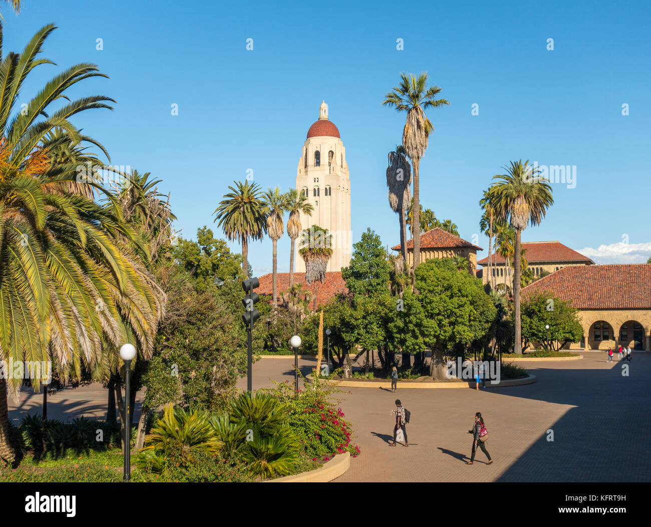 Stanford University campus, Main Quad with Hoover Tower Stock Photo