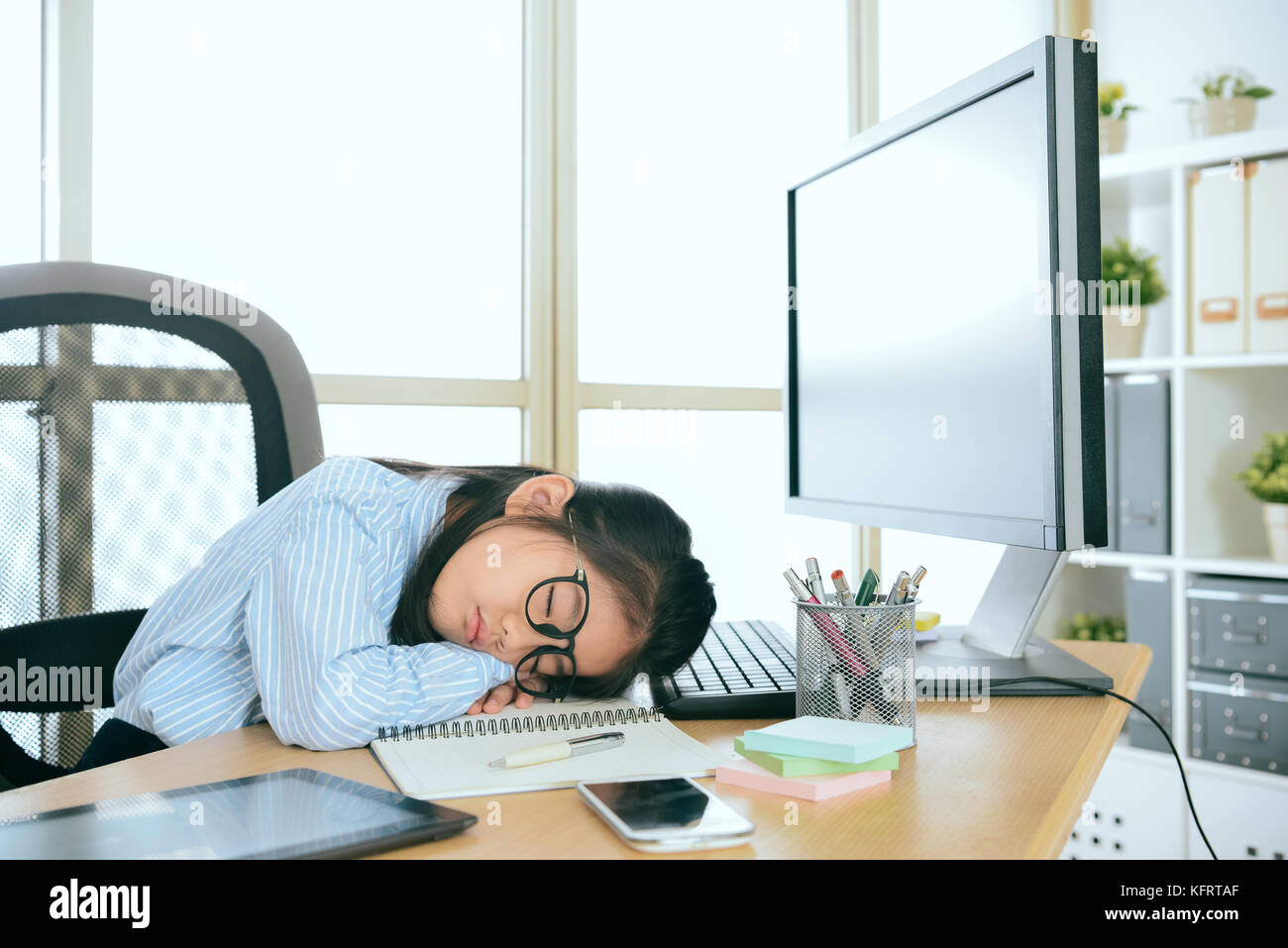 Young Sweet Little Business Worker Working On Computer Desk Long