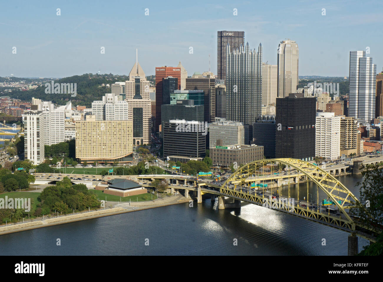 The downtown skyline of Pittsburgh, Pennsylvania as seen from Mount Washington on the city's South Side. Stock Photo