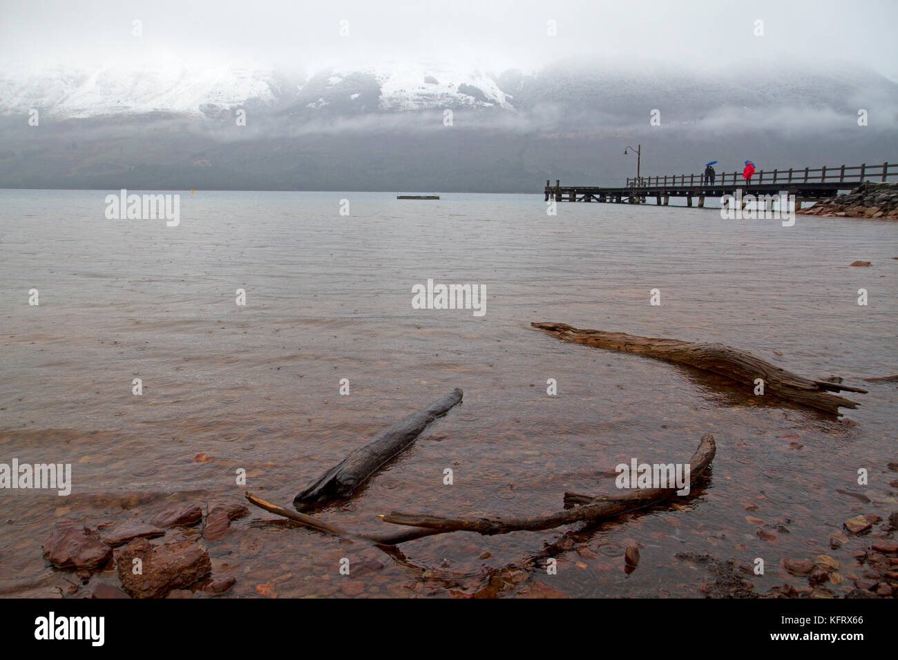 Rainy day over the pier at Glenorchy and Lake Wakatipu Stock Photo