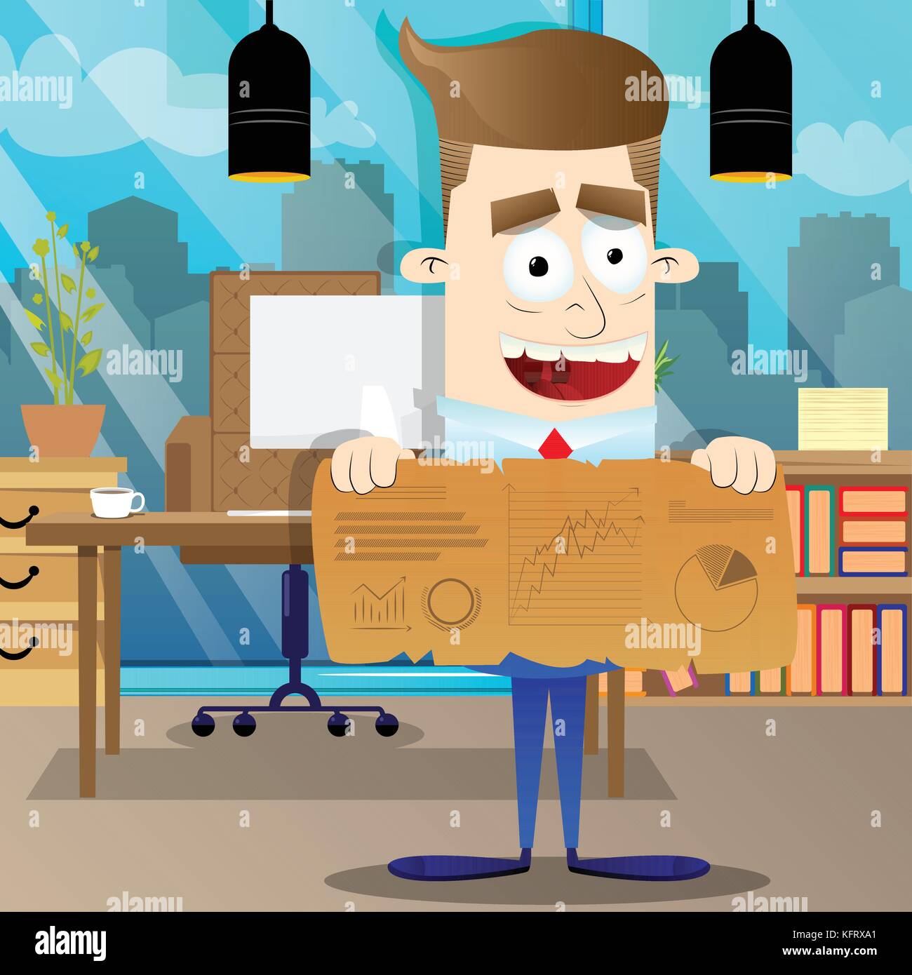 Happy Smiling Successful Businessman Showing Graphs On Old Paper