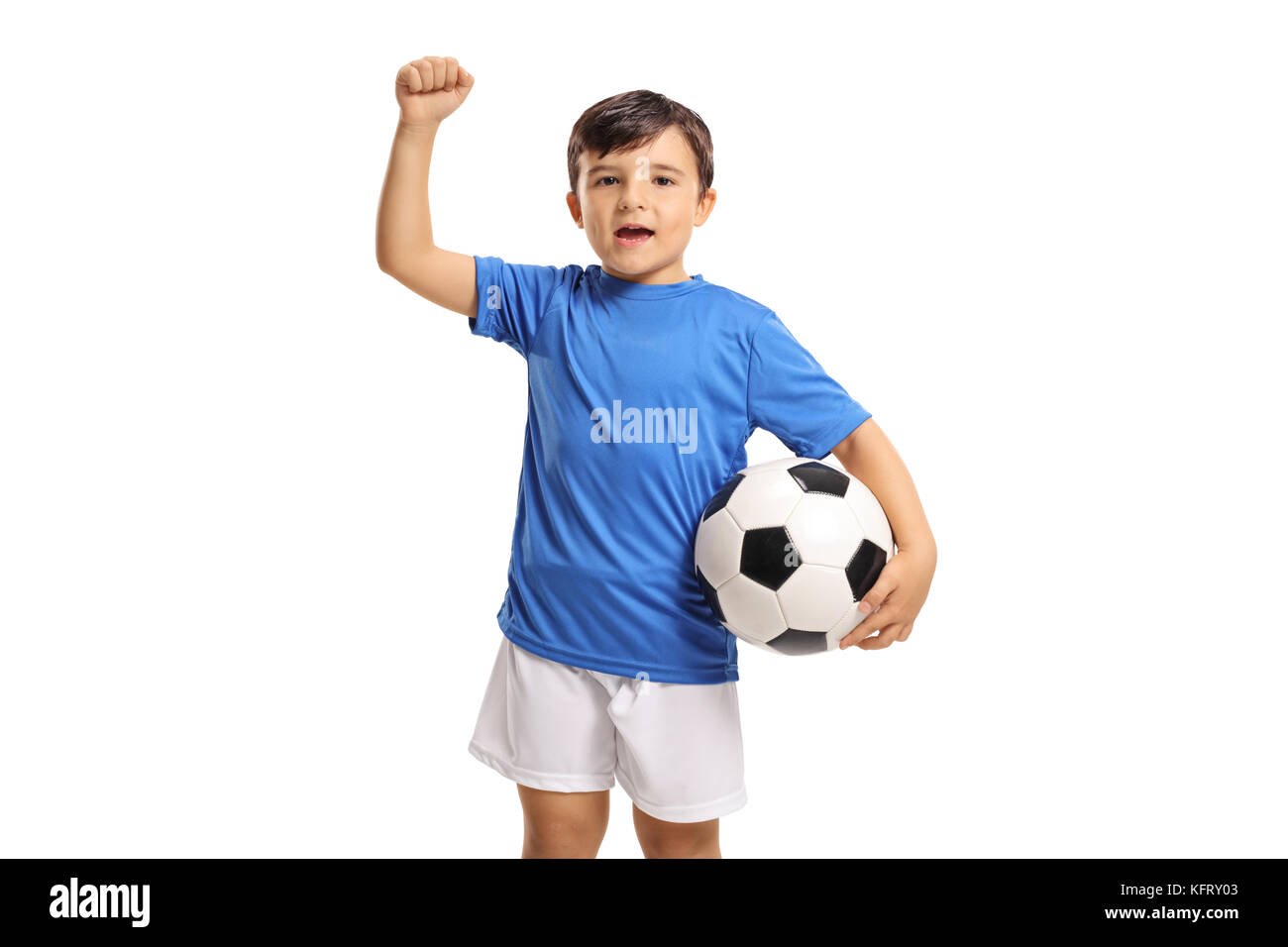 Joyful little footballer gesturing with his hand isolated on white background Stock Photo