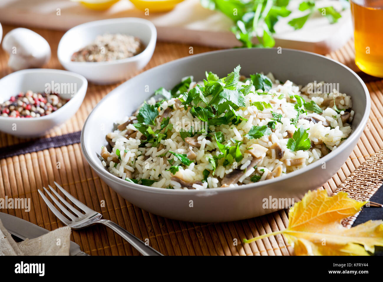 Bowl of homemade rice with wild mushrooms Stock Photo Alamy