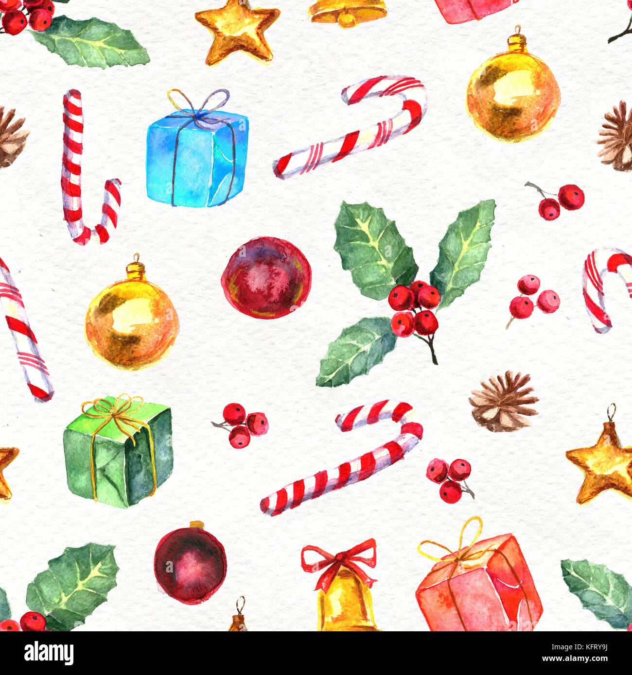 Merry Christmas seamless pattern. Watercolor Illustration with holly ...