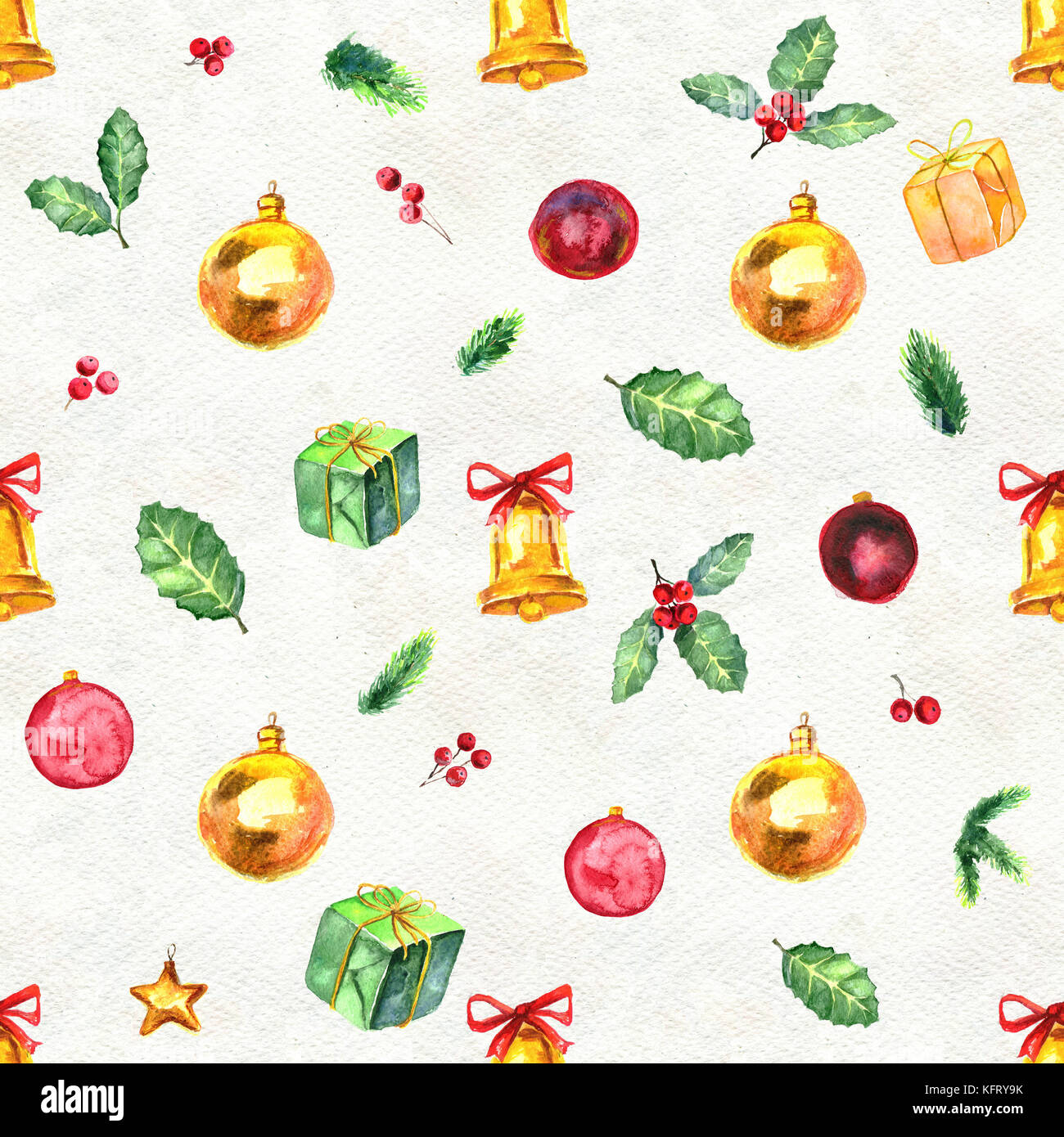 Merry Christmas seamless pattern. Watercolor Illustration with holly ...