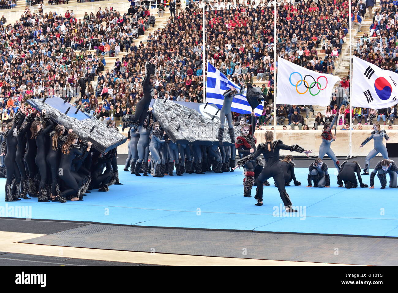 Athens, Greece. 31st Oct, 2017. During the Greek Sport and Cultural event. The Handover Ceremony of the Olympic Flame for Winter Games PYEONGCHANG 2018, took place today in Panathenaic Stadium in the presence of the President of Hellenic Republic Prokopis Pavlopoulos. Credit: Dimitrios Karvountzis/Pacific Press/Alamy Live News Stock Photo