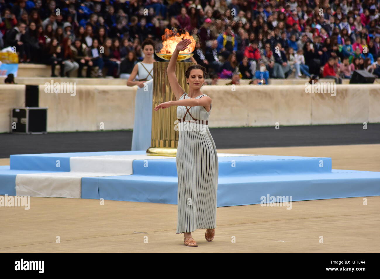 Athens, Greece. 31st Oct, 2017. During the Choreography performed by the Priestesses. The Handover Ceremony of the Olympic Flame for Winter Games PYEONGCHANG 2018, took place today in Panathenaic Stadium in the presence of the President of Hellenic Republic Prokopis Pavlopoulos. Credit: Dimitrios Karvountzis/Pacific Press/Alamy Live News Stock Photo