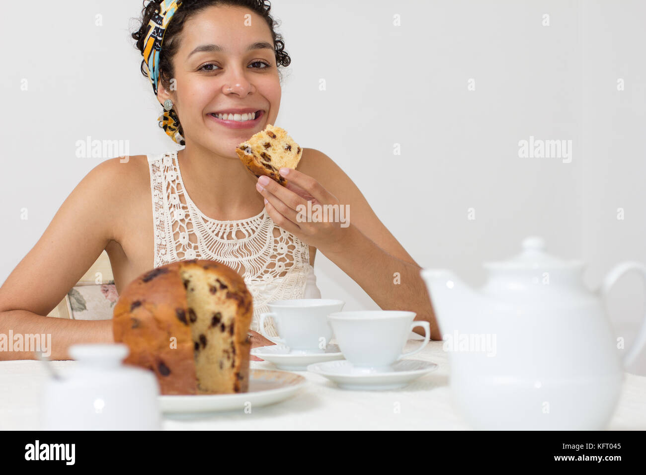 Panettone Typical Food Of The Christmas Festivities Woman With