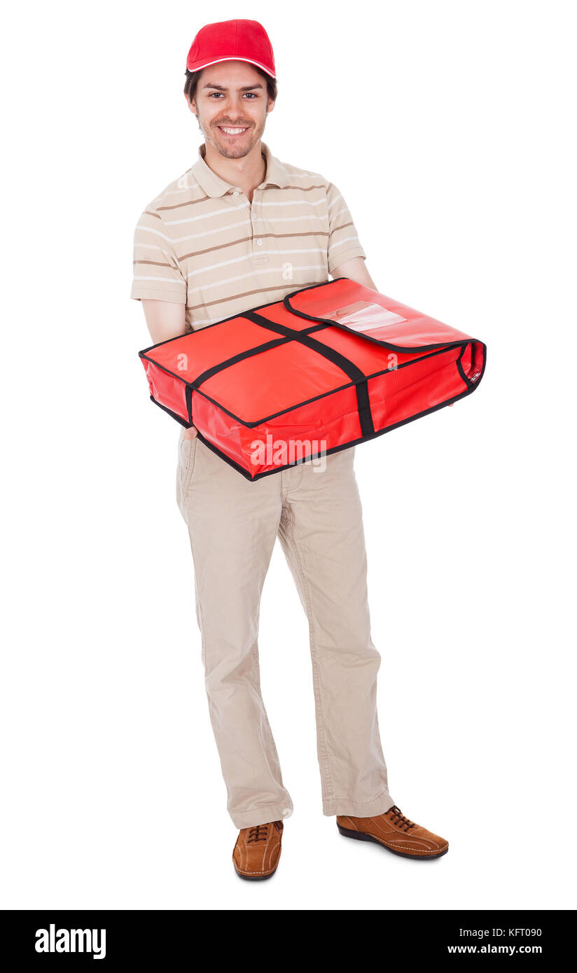 Pizza delivery boy with thermal bag. Isolated on white Stock Photo