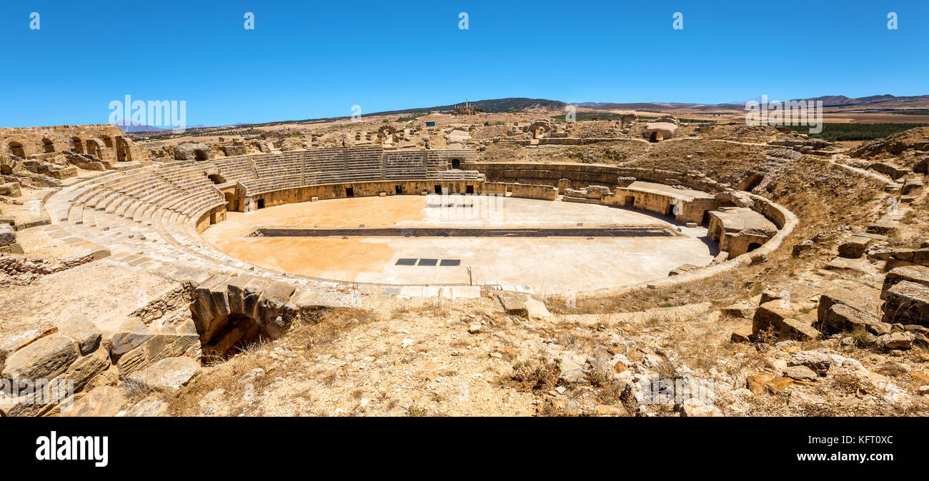Panoramic view of ancient arena in roman town Uthina (Oudhna). Tunisia, North Africa Stock Photo