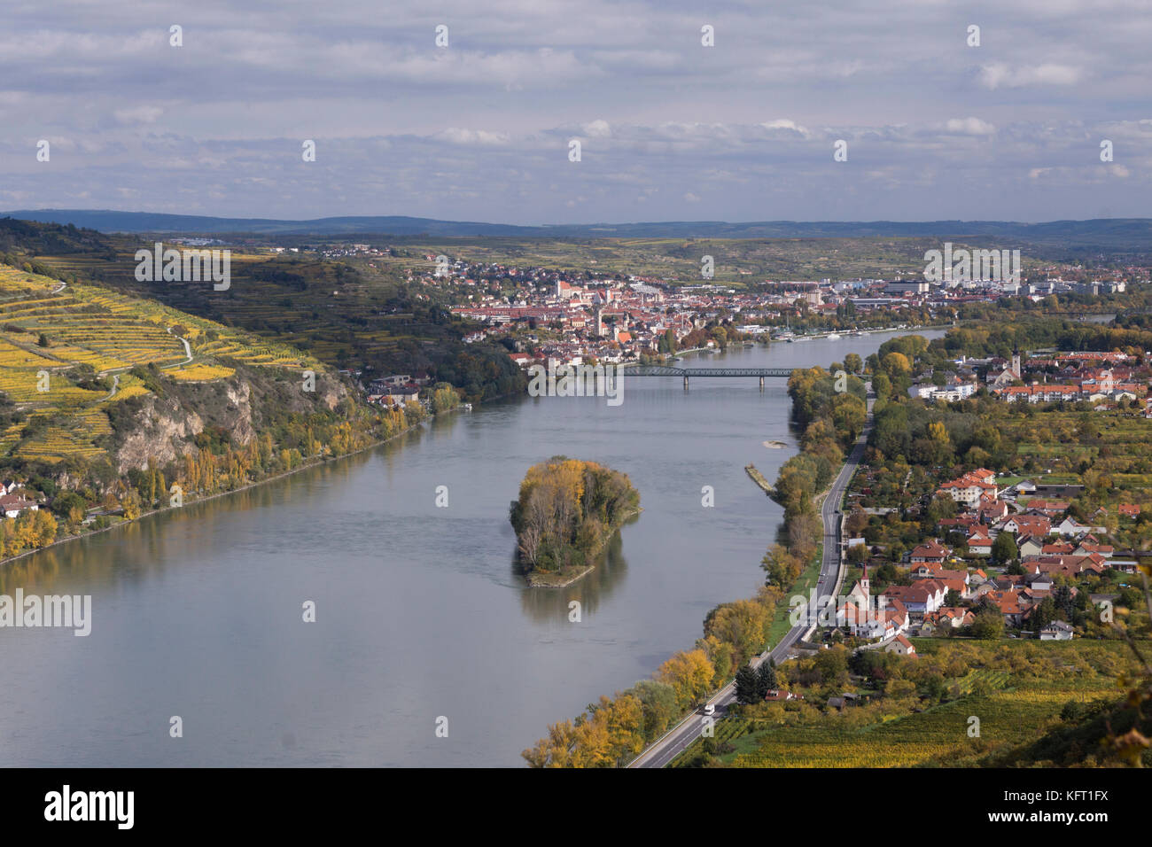 An aerial summer view of Krems, Stein and Mautern and the blue Dabube on a summer's day in the Wachau, Lower Austria, a popular tourist destination Stock Photo