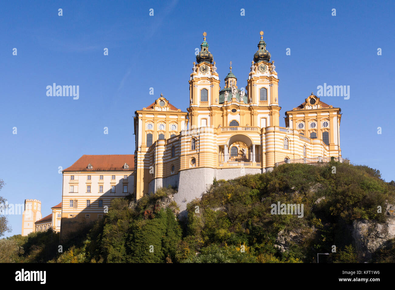 Late afternoon sun on the magnificent baroque Melk Abbey (Stift Melk) in the Wachau valley, Lower Austria Stock Photo