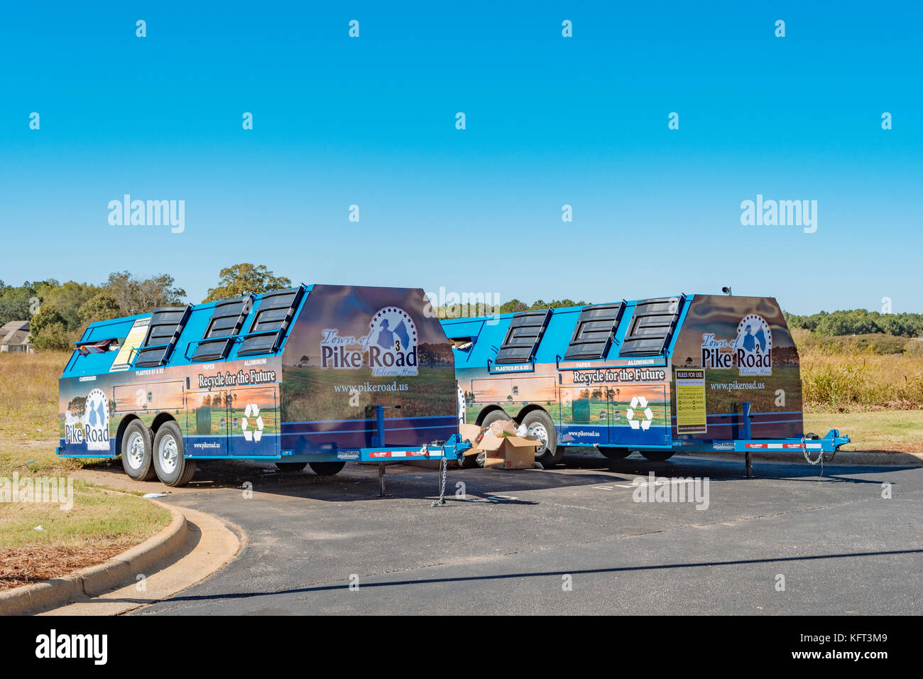 Recycling trailers, bins, to promote proper waste disposal in the small town of Pike Road, Alabama, USA. Stock Photo